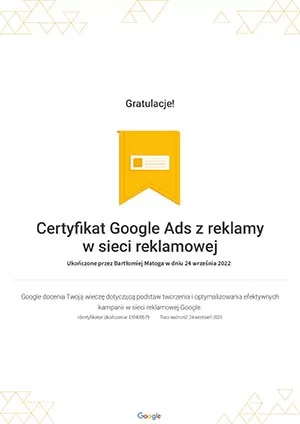Certyfikat Google Ads z reklamy w sieci reklamowej
