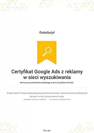 Certyfikat Google Ads z reklamy w sieci wyszukiwania