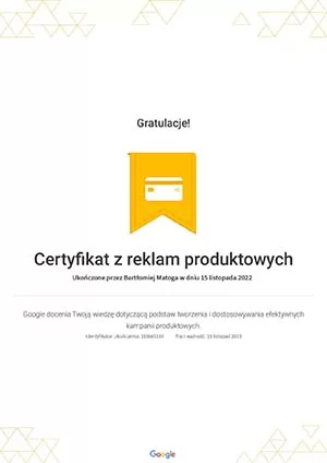 Certyfikat Google z reklam produktowych