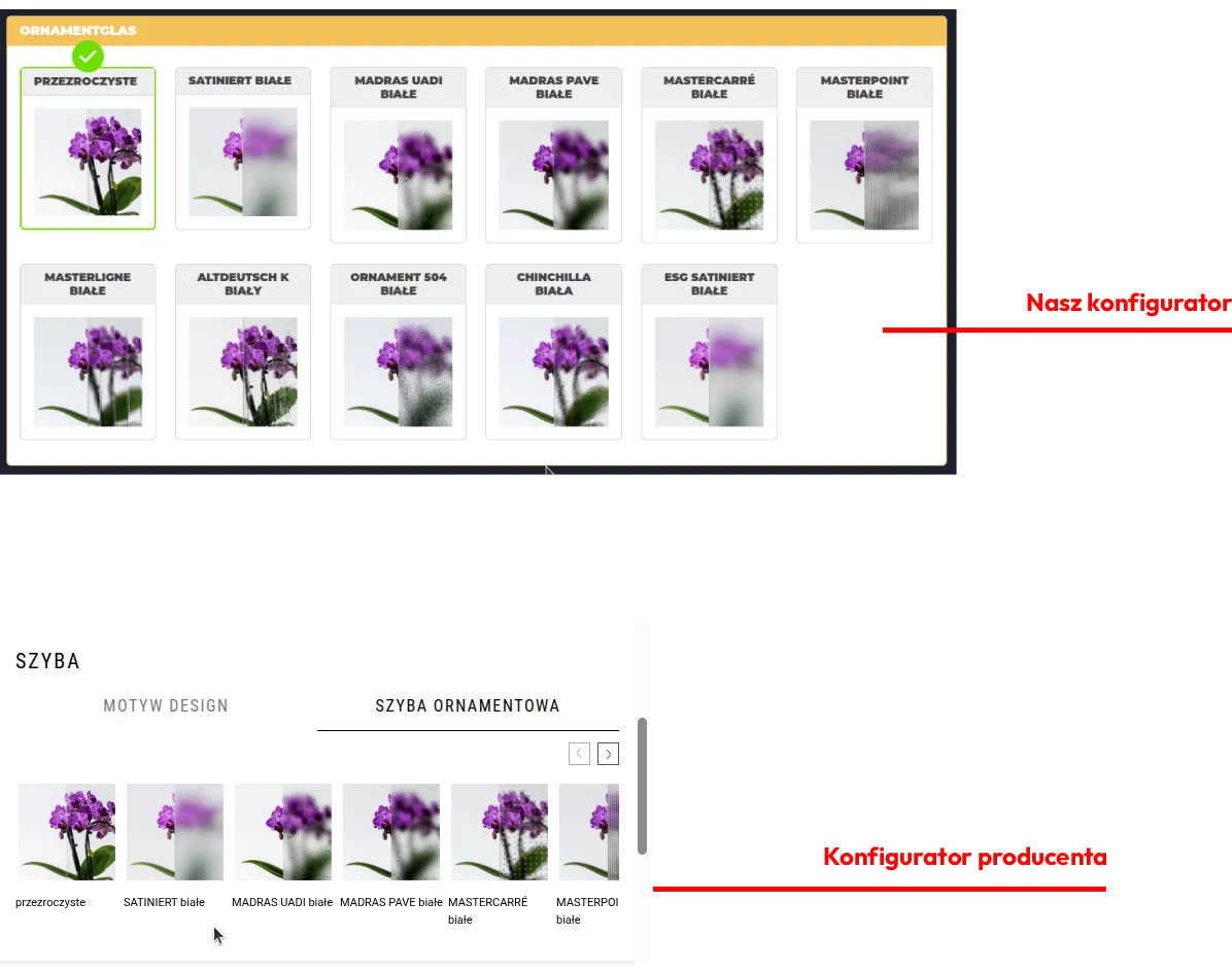 Porównanie — ta sama opcja (np. klamka lub szyba ornament) w portalu producenta i w konfiguratorze sklepu.