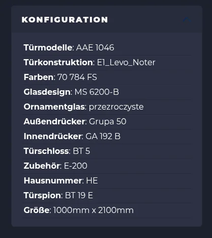 Sidebar ze specyfikacją — widoczne pozycje (model, konstrukcja, kolor, klamki, wymiary), cena na dole, linki kotwiczące do sekcji.