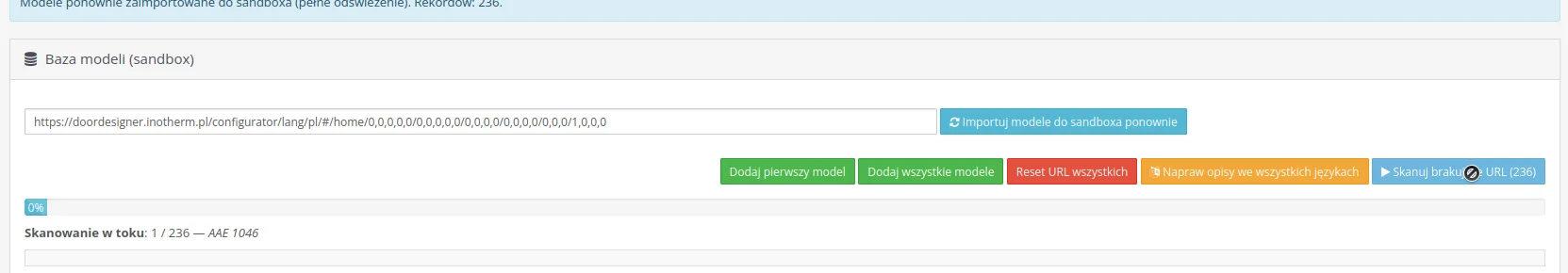 Batch scanner w trakcie działania — log kolejnych modeli ze statusem sukces/błąd, pasek postępu.