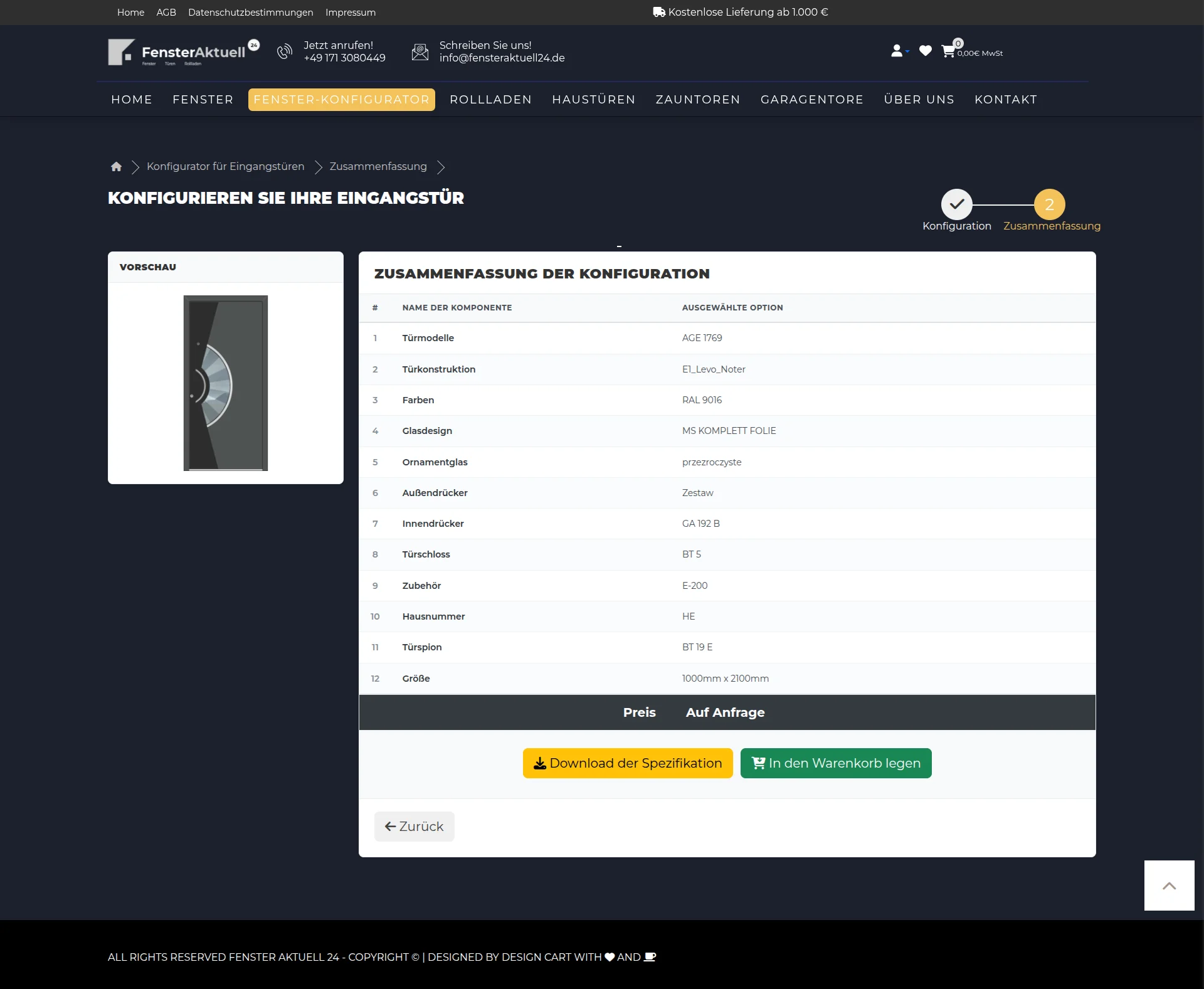 Strona podsumowania z tabelą specyfikacji + przycisk pobrania PDF + dodania do koszyka.