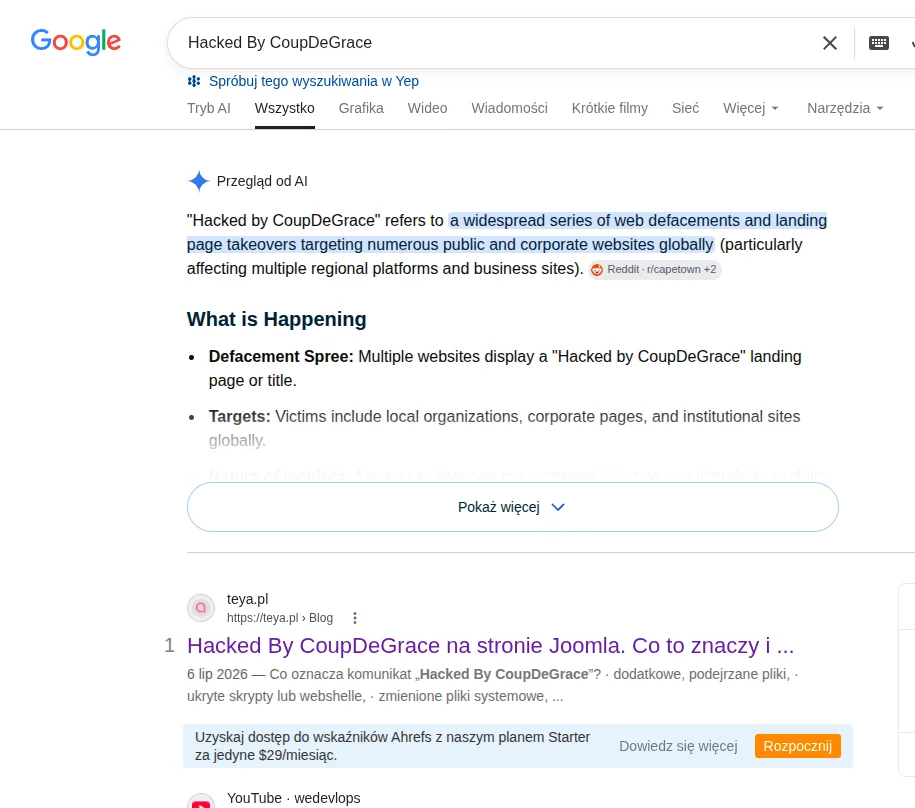 Screen: wyniki google na frazę „Hacked By CoupDeGrace”