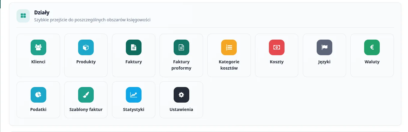 Screen: działy pluginu DC Accountant