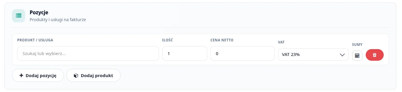 Screen: pozycje na fakturze