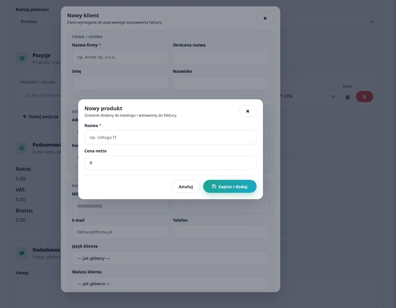 Screen: szybkie dodawanie produktu - formularz w oknie modal