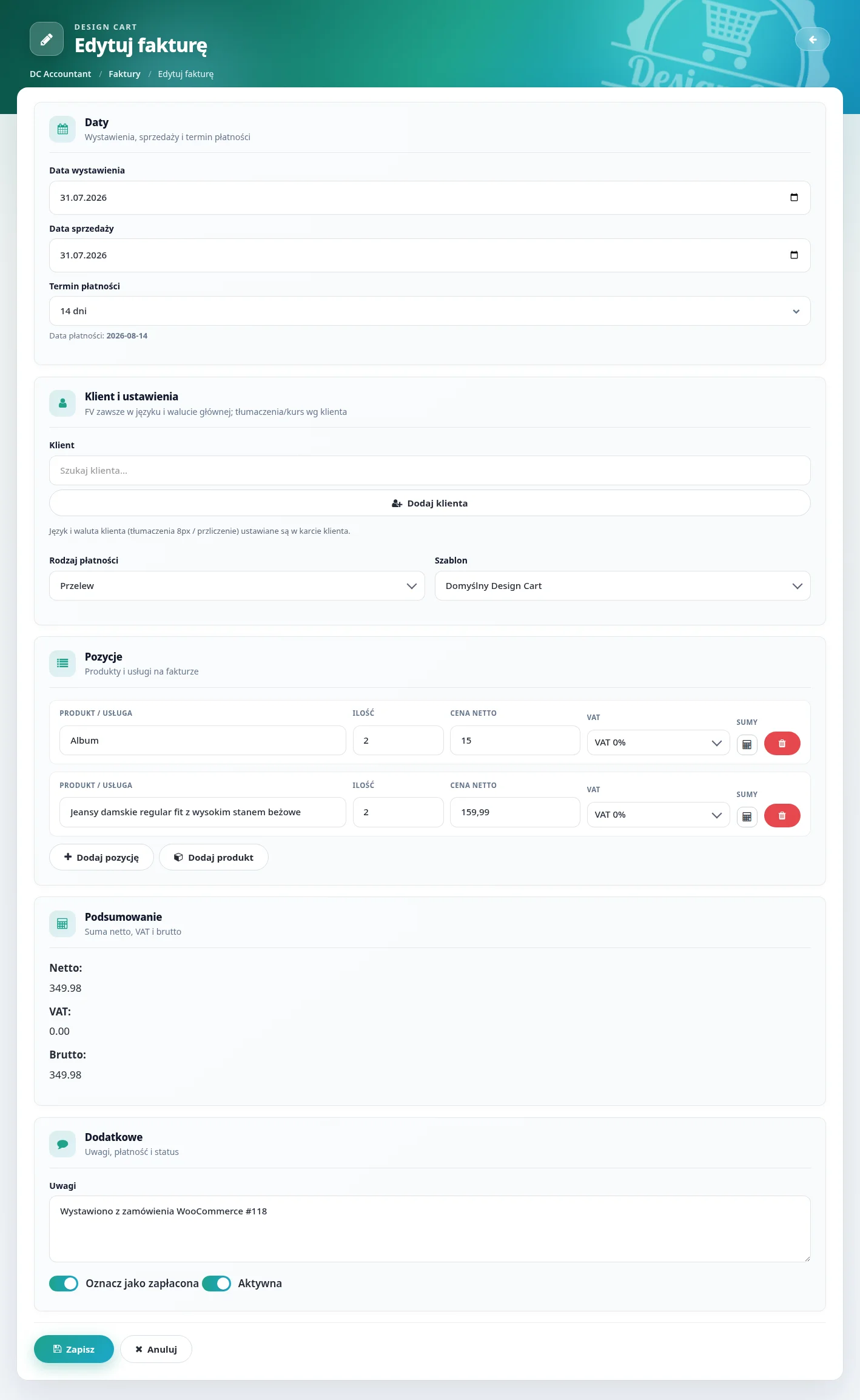 Screen: formularz edycji faktury