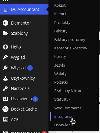 Screen: lewe menu panelu admina WP