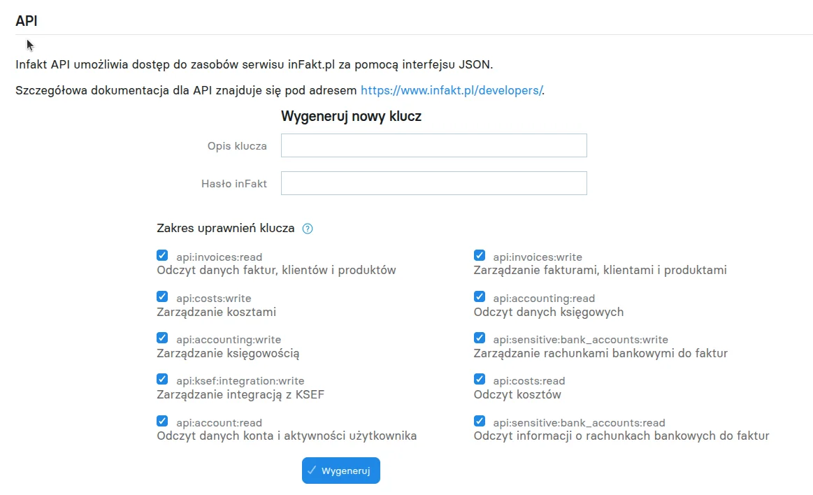 Screen: formularz generowania klucza API w Infakt