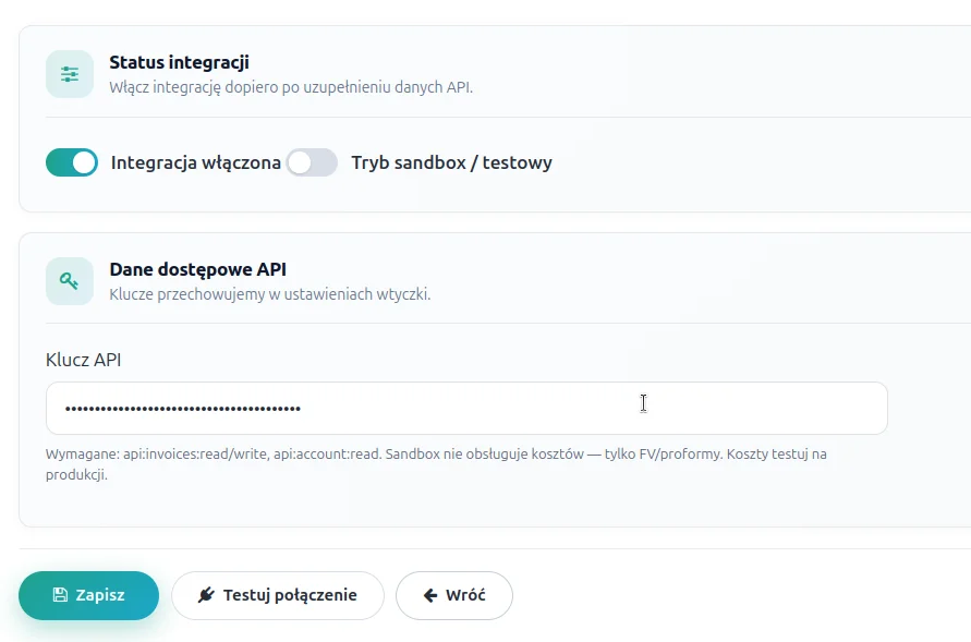 Screen: wklejenie wygenerowanego klucza do ustawień DC Accountant