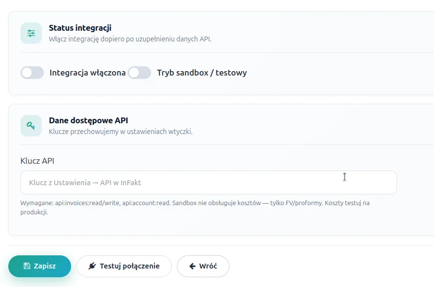 Screen: formularz konfiguracji z infakt