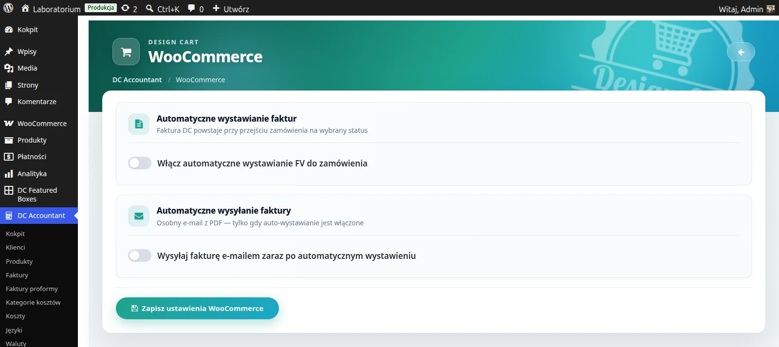 Screen: ustawienia działania z Woocommerce