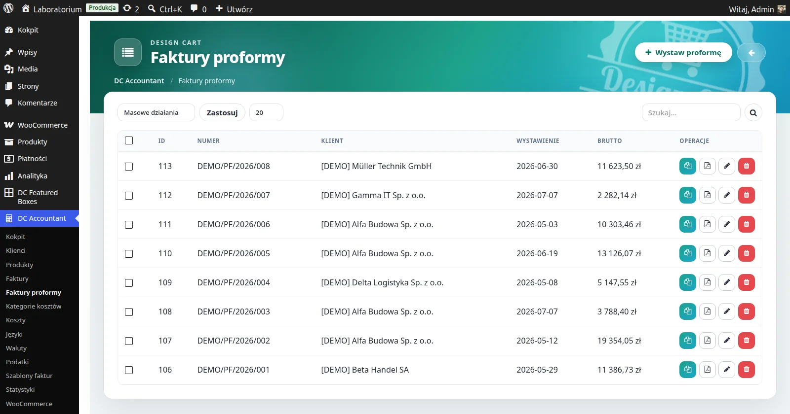 Screen: faktury proformy - lista