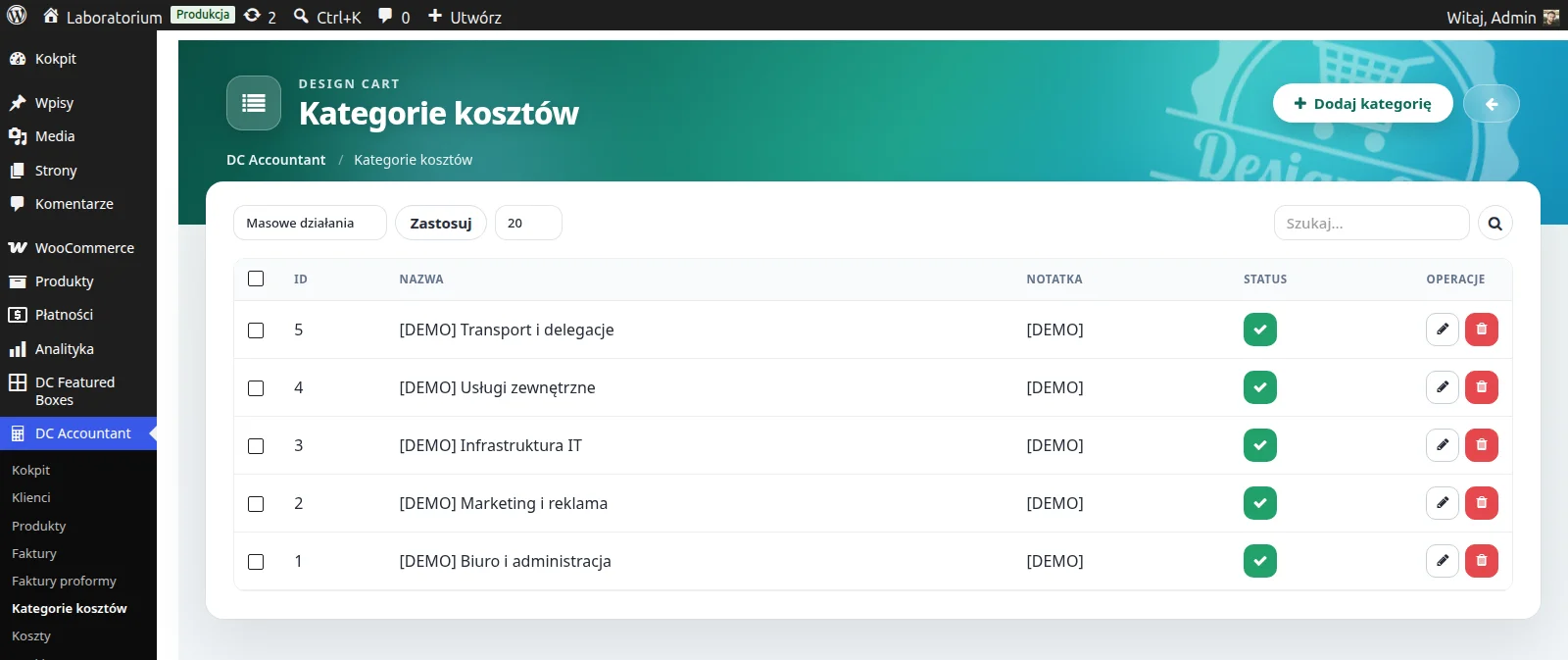 Screen: kategorie kosztów