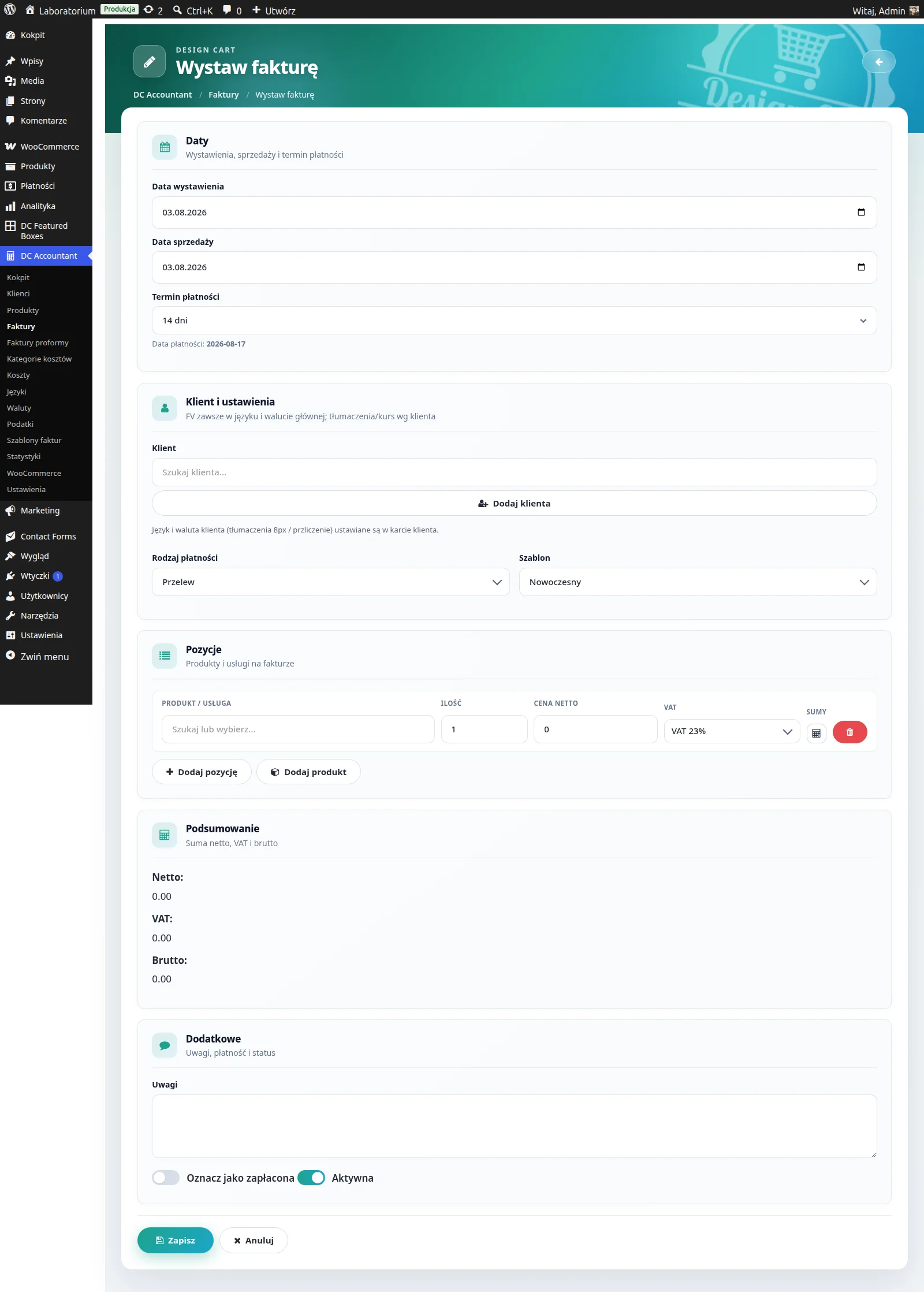 Screen: dodawanie faktury-formularz