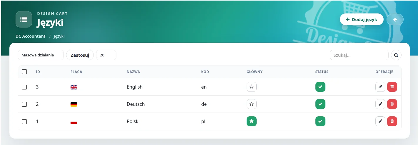 Screen: lista języków