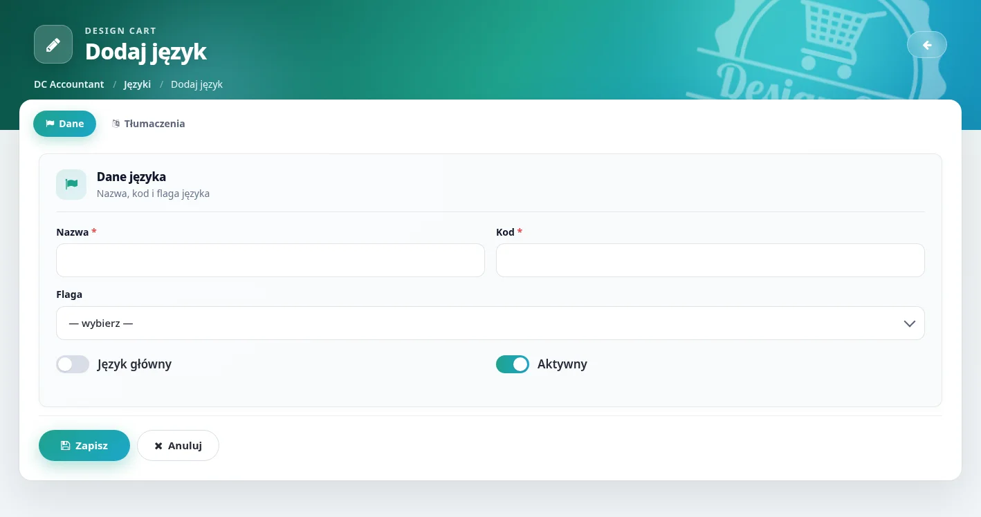 Screen: formularz dodawania języka