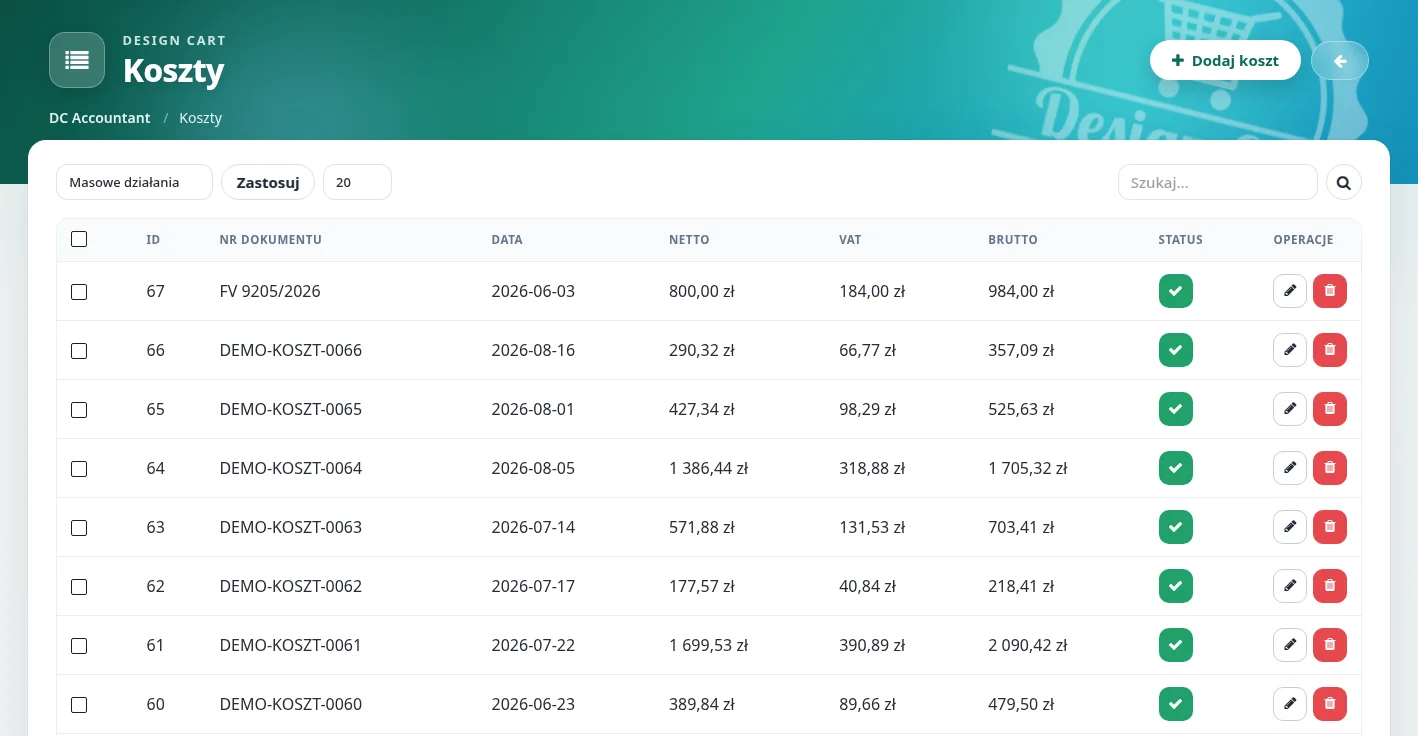 Screen: lista kosztów