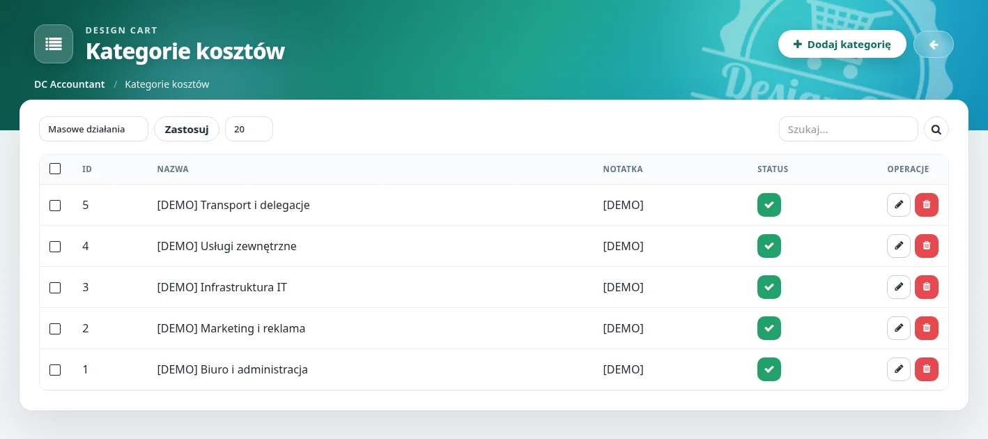 Screen: lista kategorii kosztów
