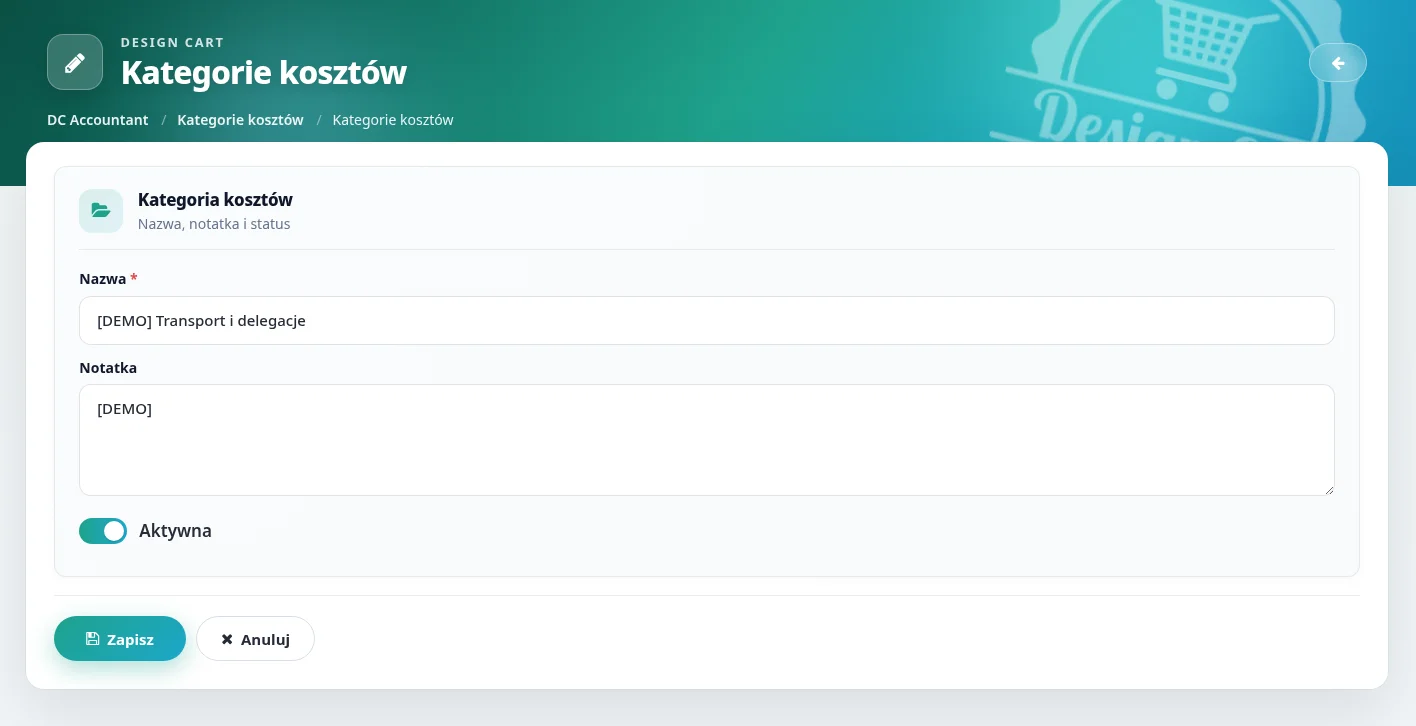 Screen: formularz edycji kategorii kosztów