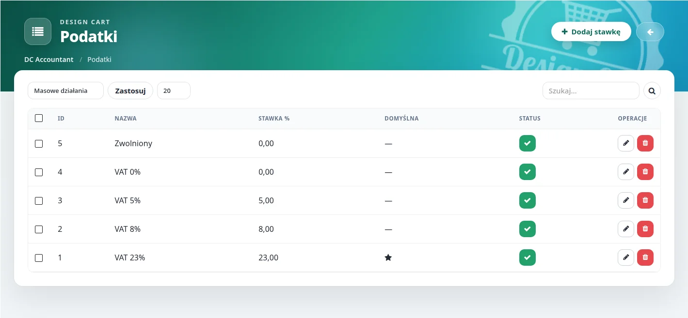 Screen: lista podatków
