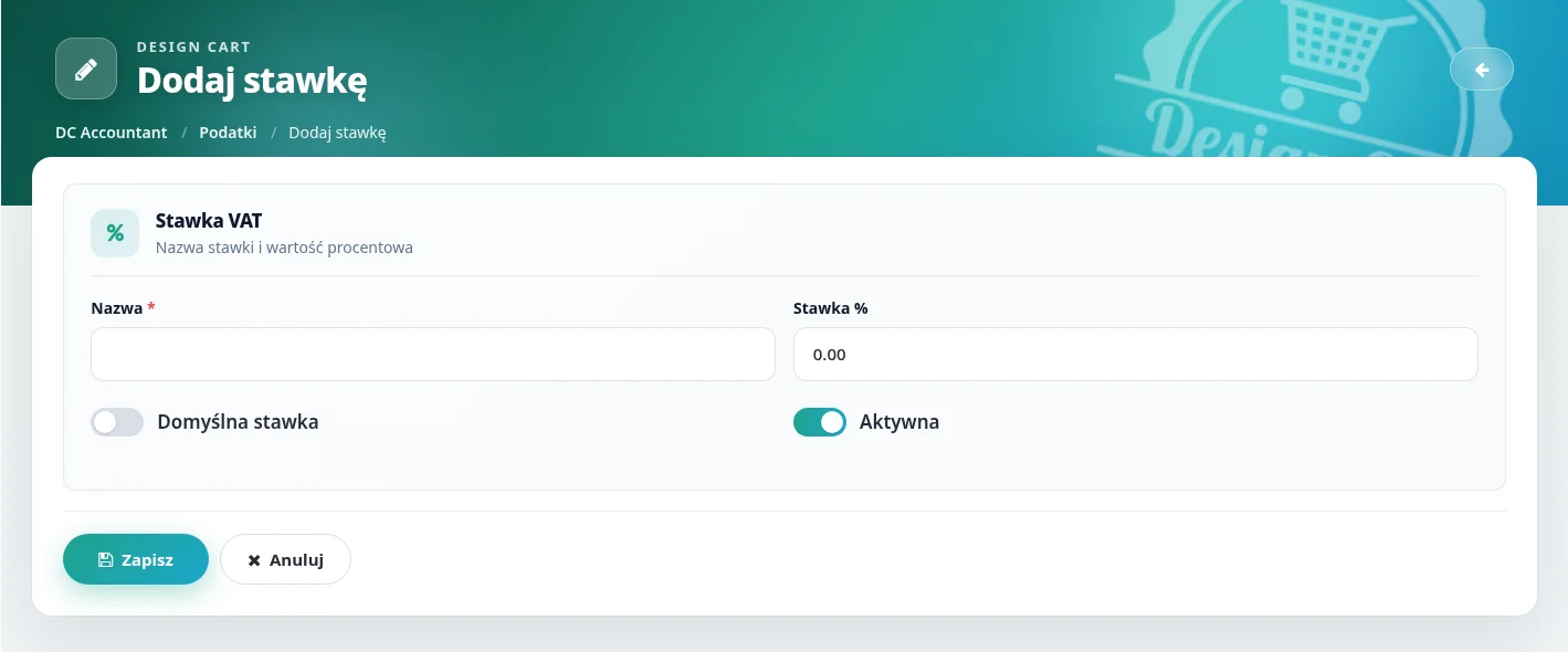Screen: formularz dodawania stawki podatkowej