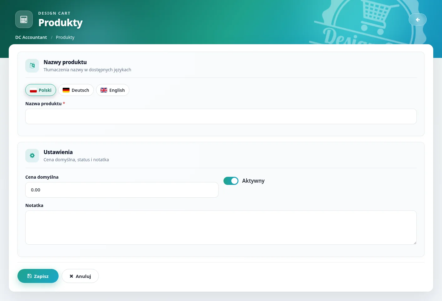 Screen: formularz dodawania produktów