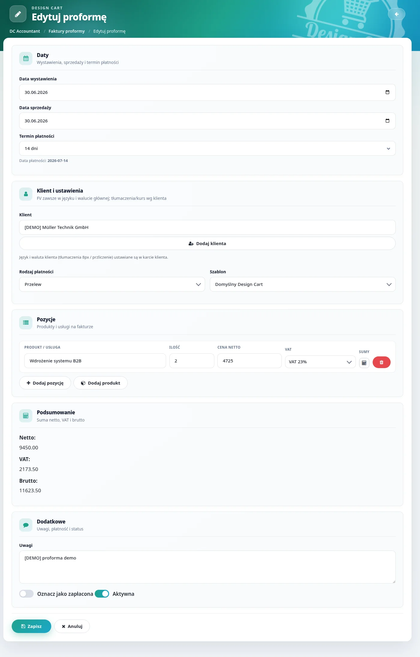 Screen: formularz faktury proforma