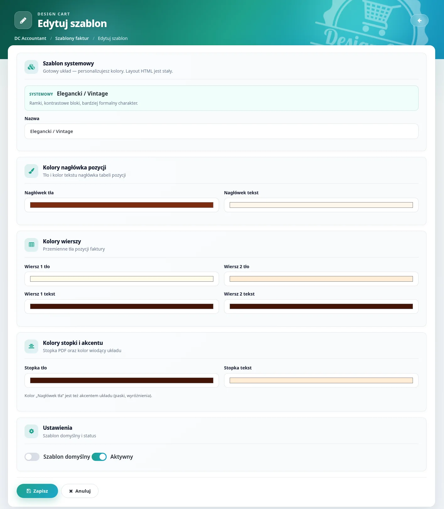 Screen: formularz edycji szablonu