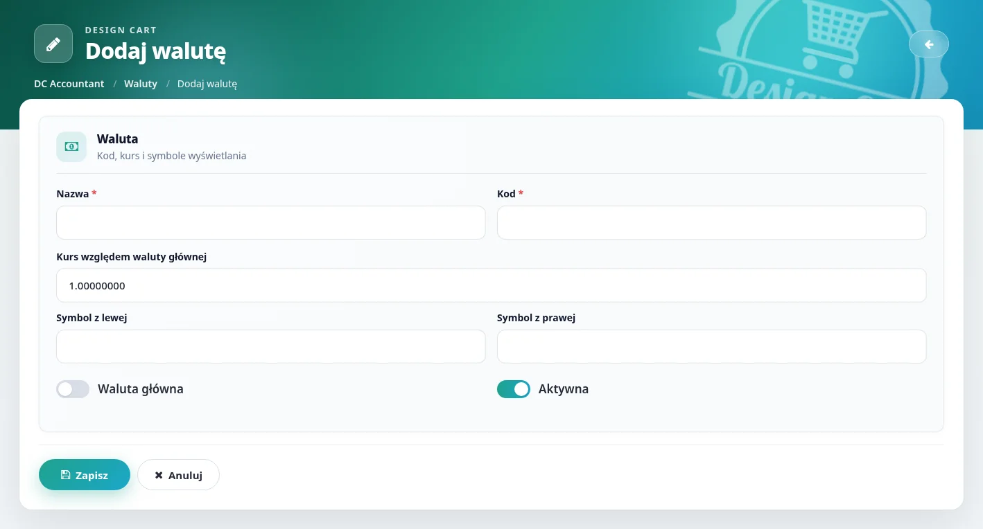 Screen: formularz dla dodawania nowej waluty