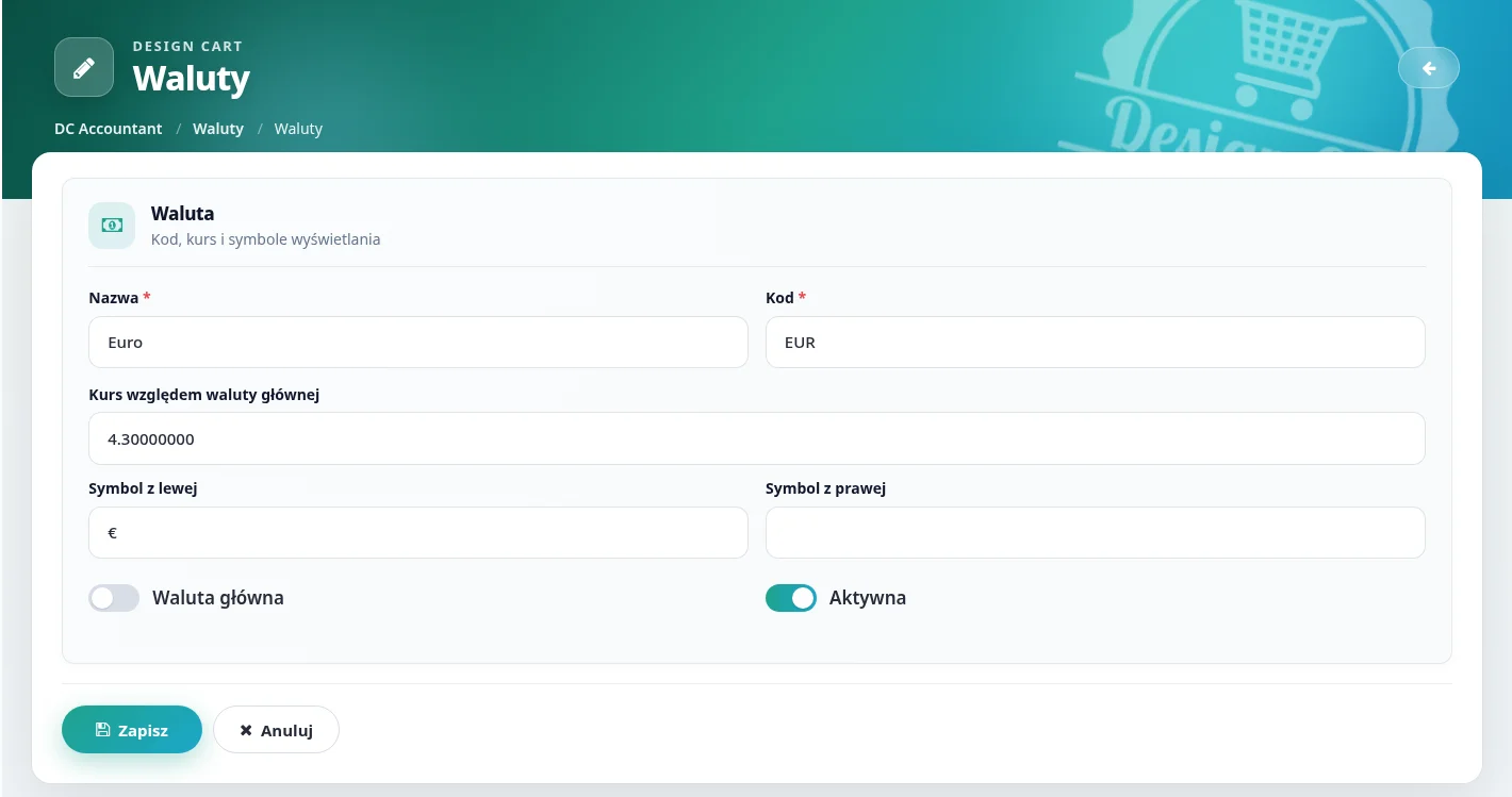 Screen: formularz edycji waluty