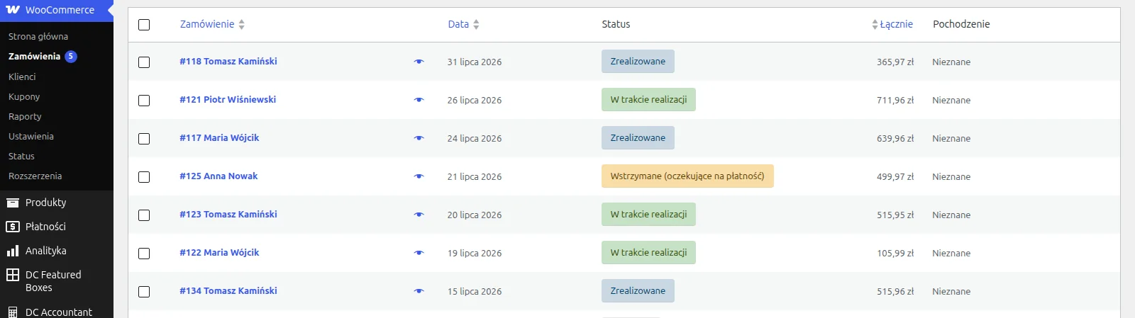 Screen: lista zamówień