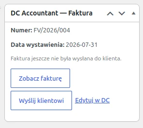 Screen: metabox dla faktur w zamówieniach Woocommerce