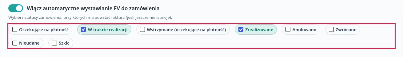 Screen: checkboxy z wiązaniem statusów zamówienia 