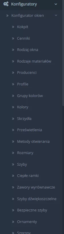 Menu konfiguratora