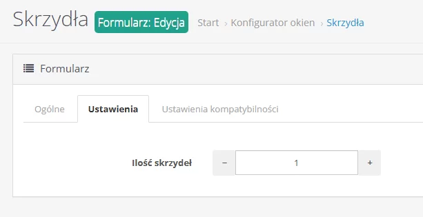 Podgląd formularza opcji skrzydeł okiennych