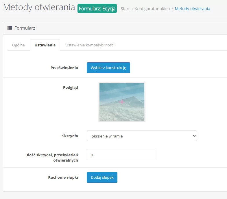 Podgląd formularza opcji metod otwierania okna