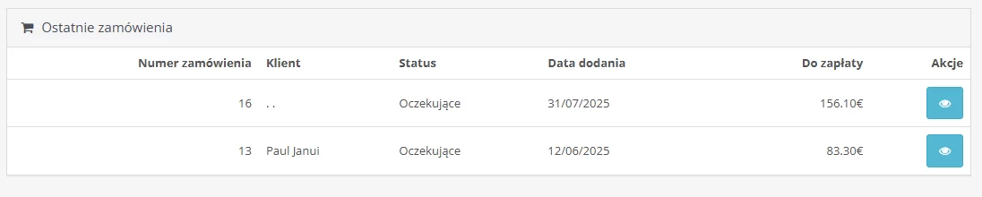 Najnowsze zamówienia w kokpicie sklepu internetowego