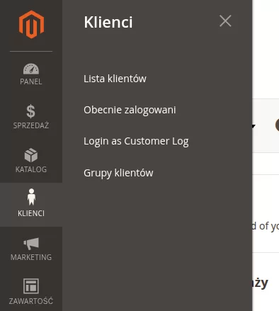 Menu - wybór pozycji Klienci