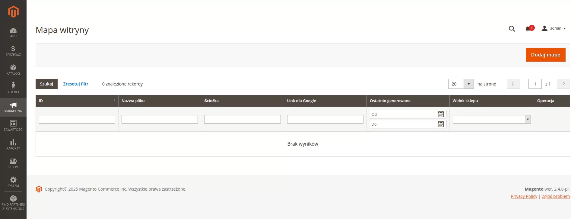 Mapa witryny internetowej w Magento