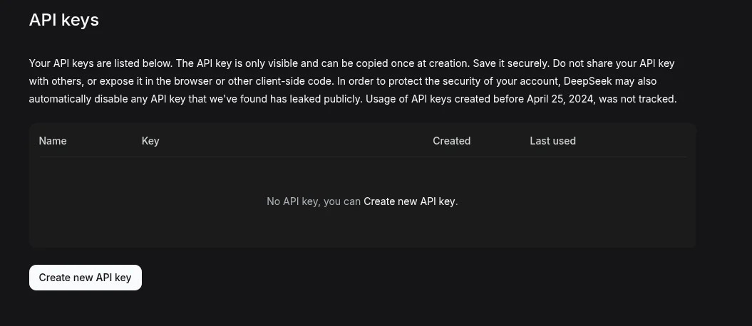 Zrzut ekranu 6: Lista API Keys (jeszcze bez kluczy)