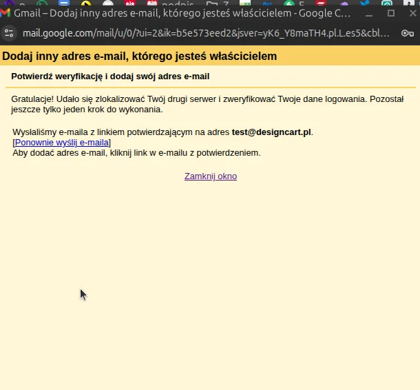 komunikat gmail o wysłaniu maila weryfikacyjnego