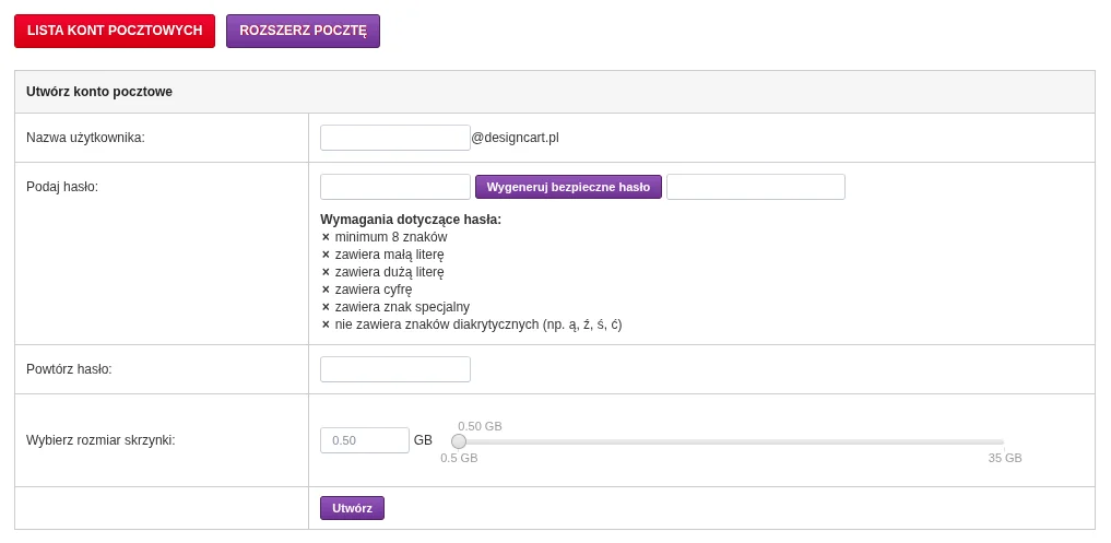 formularz tworzenia skrzynki mailowej