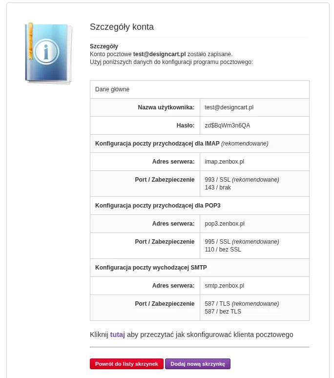 dane konfiguracyjne poczty