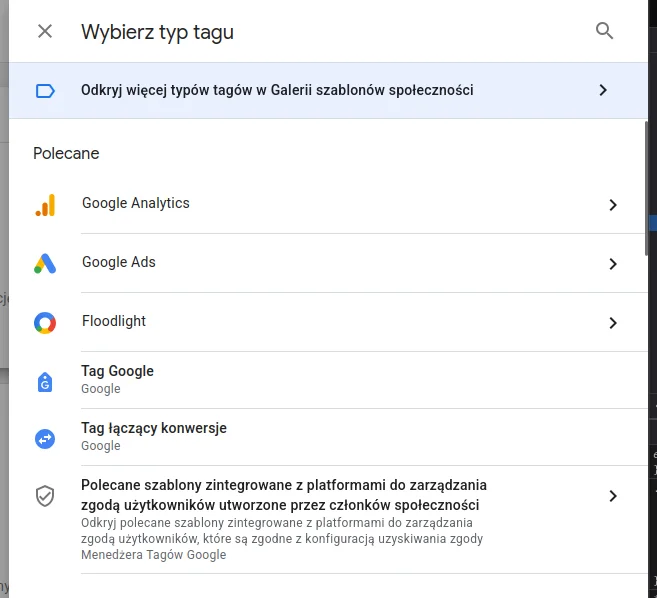 Screen: Wysunięty panel Google Tag Manager z listą dostępnych typów tagów.