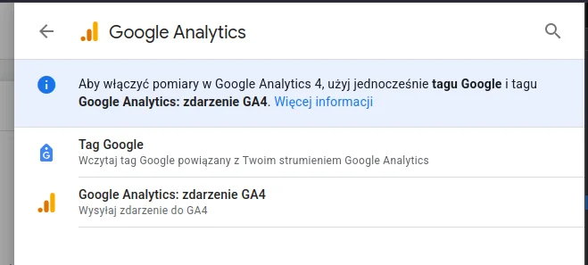 Screen: Panel konfiguracji tagu Google Analytics po jego wybraniu.