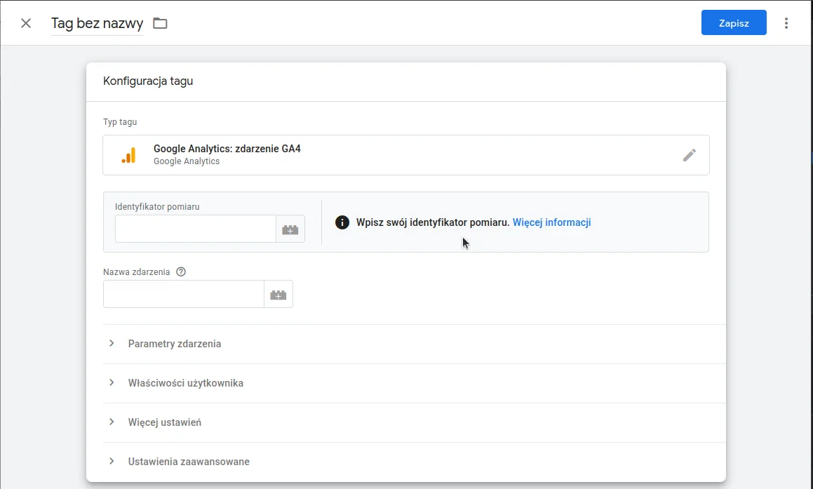 Screen: Konfiguracja tagu Google w GTM z polem na identyfikator pomiaru GA4 (G-XXXXXXX).