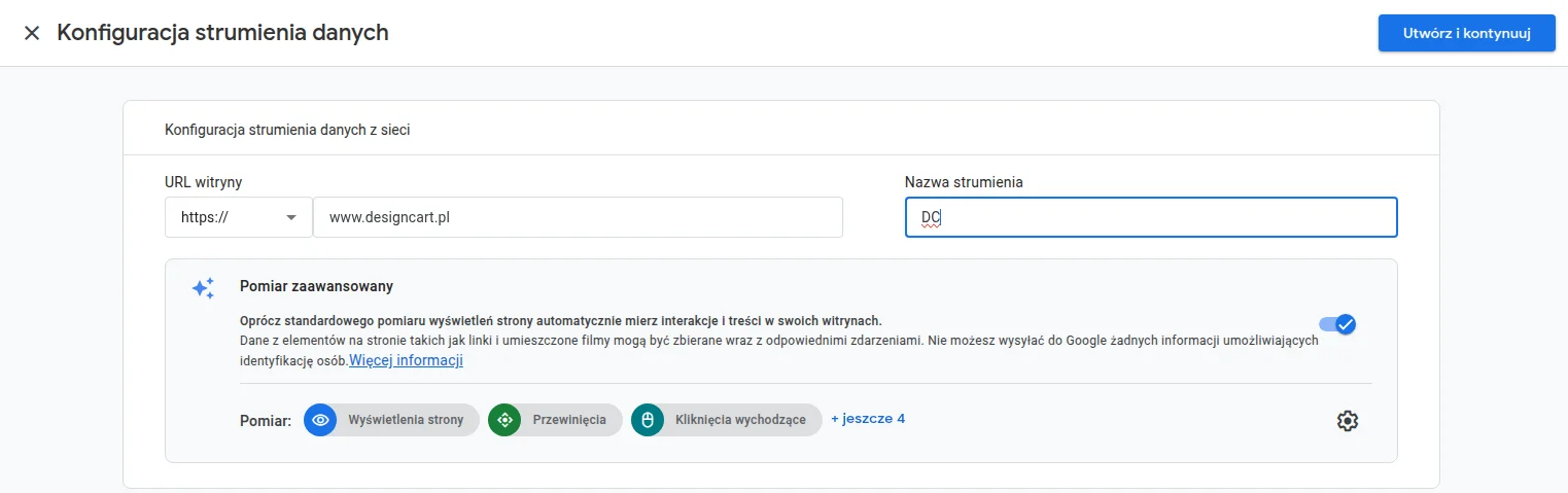Screen: Konfiguracja strumienia danych GA4 – adres URL strony, nazwa strumienia oraz włączony pomiar zaawansowany.