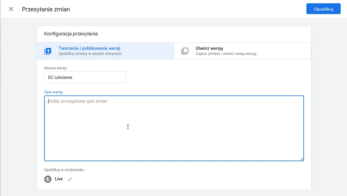 Screen: Ekran opisu wersji w Google Tag Manager przed publikacją zmian.